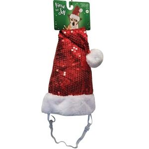 Time for Joy Santa Hat Dog L XL Red Shimmer Sequin Holiday Accessory